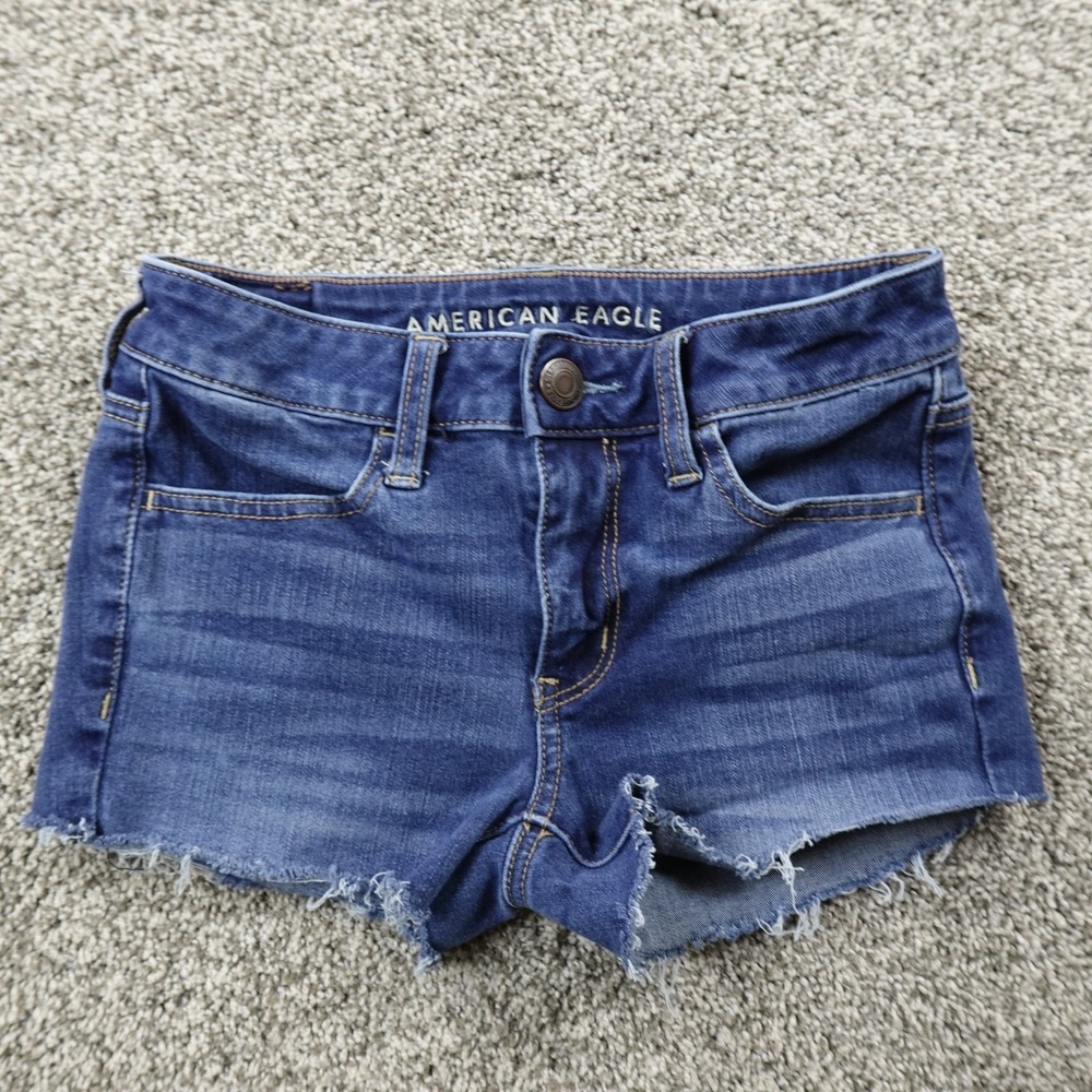 American Eagle Shorts Womens 2 Blue Denim Jean Cutoffs Low Rise Mini Micro Booty